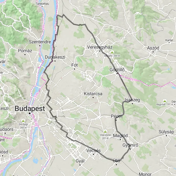 Map miniature of "Historical Road Adventure: Gyömrő to Veresegyház" cycling inspiration in Pest, Hungary. Generated by Tarmacs.app cycling route planner