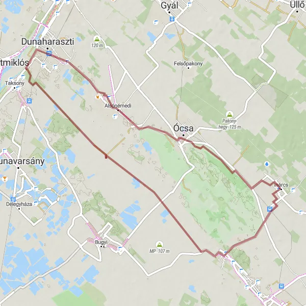 Map miniature of "Exploring Ócsa, Harasztiszőlők, and Ócsa" cycling inspiration in Pest, Hungary. Generated by Tarmacs.app cycling route planner