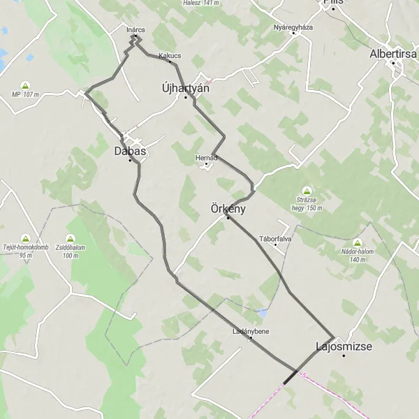 Map miniature of "Around Inárcs: Exploring the South Pest Countryside" cycling inspiration in Pest, Hungary. Generated by Tarmacs.app cycling route planner