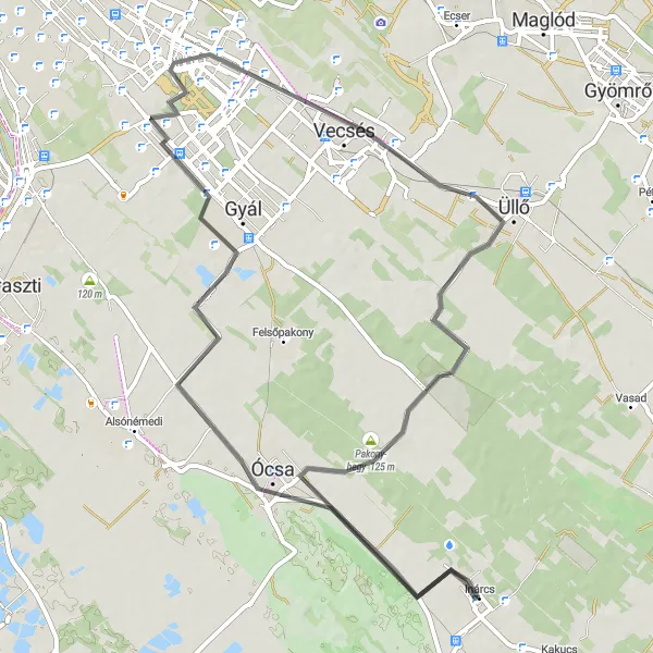 Map miniature of "ÑÍ visiting Ócsa, Halmierdő, spotter hely: 31L Final (second location), Vecsés, and Üllő" cycling inspiration in Pest, Hungary. Generated by Tarmacs.app cycling route planner