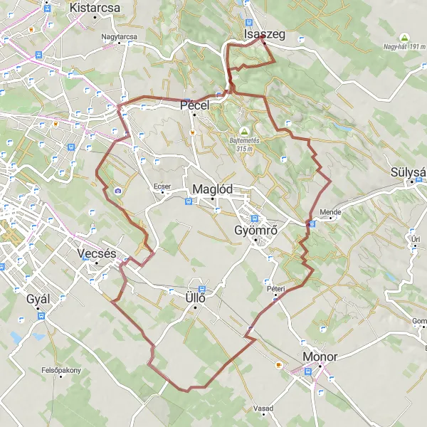 Map miniature of "Isaszeg to Kálvária-hegy Gravel Loop" cycling inspiration in Pest, Hungary. Generated by Tarmacs.app cycling route planner