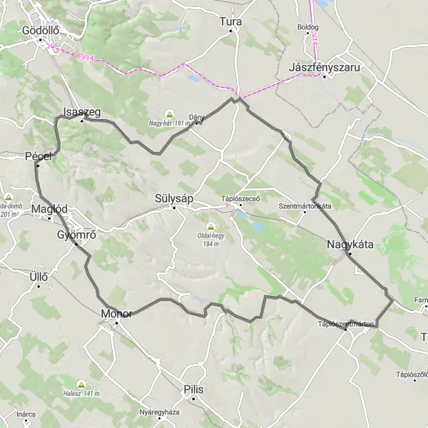 Map miniature of "Isaszeg to Montágh-hegy Road Cycling Route" cycling inspiration in Pest, Hungary. Generated by Tarmacs.app cycling route planner