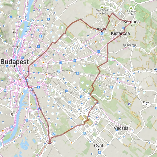 Map miniature of "Kerepes Gravel Adventure" cycling inspiration in Pest, Hungary. Generated by Tarmacs.app cycling route planner