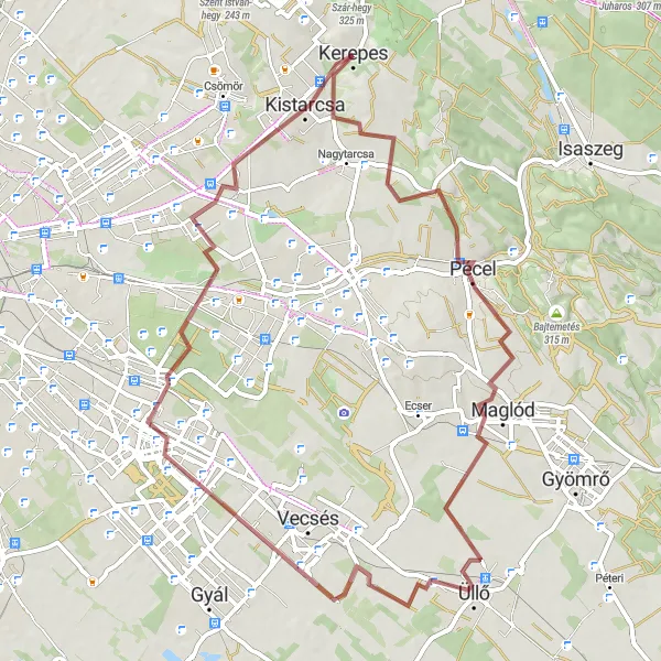 Map miniature of "Scenic Gravel Route from Kerepes" cycling inspiration in Pest, Hungary. Generated by Tarmacs.app cycling route planner
