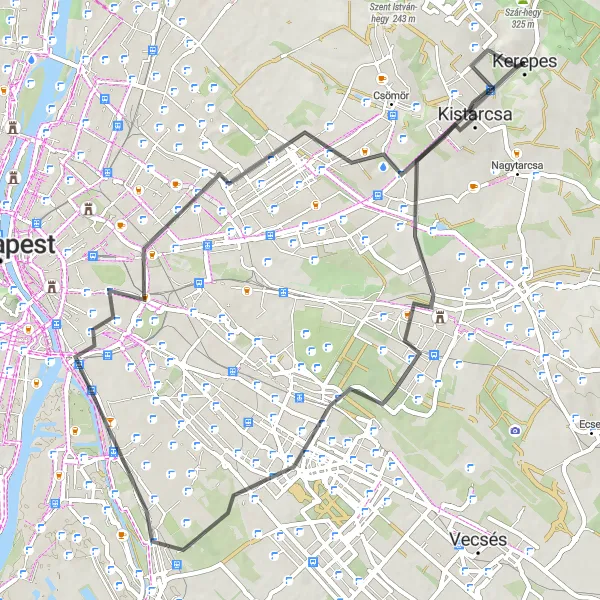 Map miniature of "Kerepes to Kistarcsa - Road Cycling Route" cycling inspiration in Pest, Hungary. Generated by Tarmacs.app cycling route planner