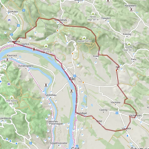 Map miniature of "Off-road Scenic Escape in Kismaros" cycling inspiration in Pest, Hungary. Generated by Tarmacs.app cycling route planner