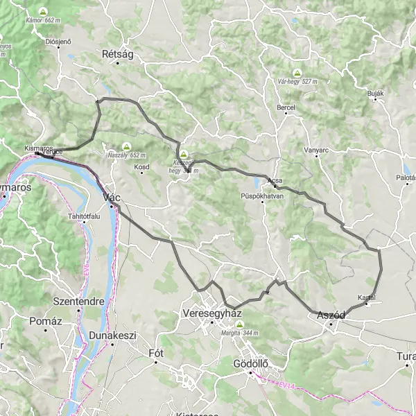 Map miniature of "Challenging Road Tour: Kismaros to Csörög" cycling inspiration in Pest, Hungary. Generated by Tarmacs.app cycling route planner