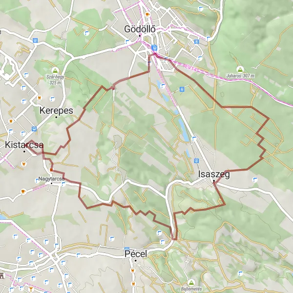 Map miniature of "Scenic gravel tour with highlights in Fehér-hegy, Gödöllö Palace, and Isaszeg" cycling inspiration in Pest, Hungary. Generated by Tarmacs.app cycling route planner