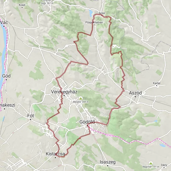 Map miniature of "Kistarcsa to Fehér-hegy Gravel Adventure" cycling inspiration in Pest, Hungary. Generated by Tarmacs.app cycling route planner