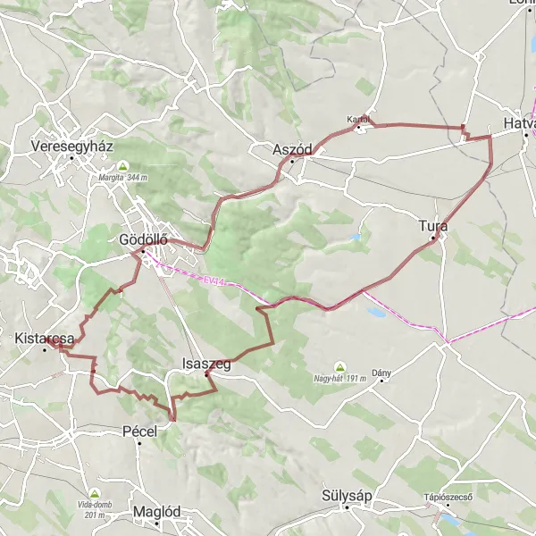 Map miniature of "Ultimate gravel challenge with highlights in Fehér-hegy, Máriabesnyő, and Isaszeg" cycling inspiration in Pest, Hungary. Generated by Tarmacs.app cycling route planner