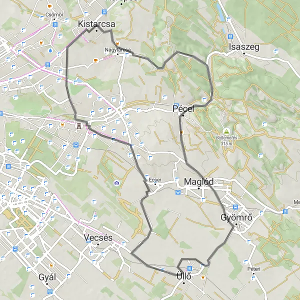 Map miniature of "Picturesque countryside cycling tour with highlights in Kistarcsa, Ráday-kastély, and Régiakadémiatelep" cycling inspiration in Pest, Hungary. Generated by Tarmacs.app cycling route planner