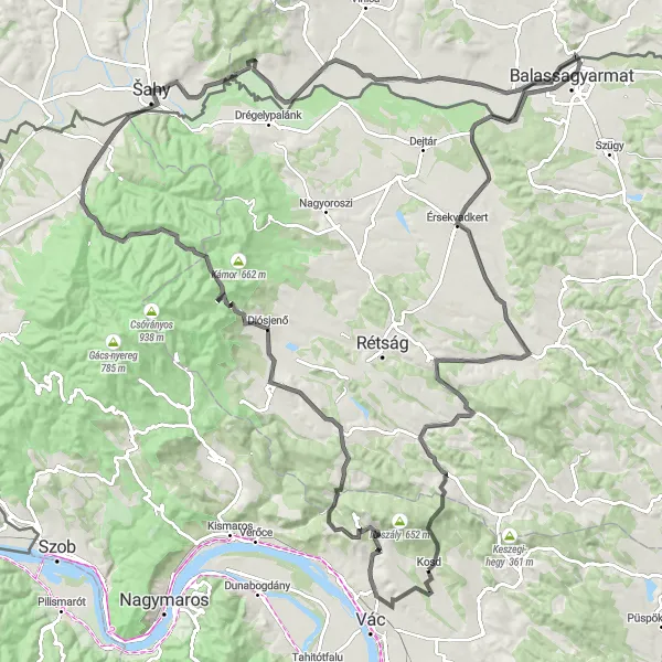 Map miniature of "Winding Through the Hills" cycling inspiration in Pest, Hungary. Generated by Tarmacs.app cycling route planner