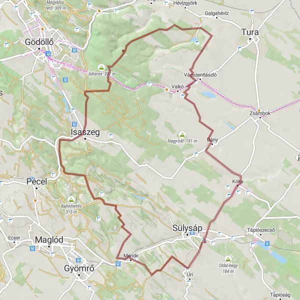 Map miniature of "Challenging Gravel Tour around Pest County" cycling inspiration in Pest, Hungary. Generated by Tarmacs.app cycling route planner