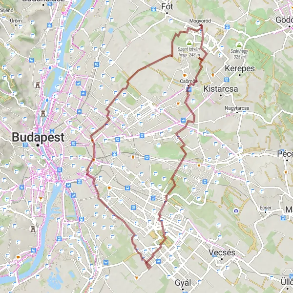 Map miniature of "Gravel Escape" cycling inspiration in Pest, Hungary. Generated by Tarmacs.app cycling route planner