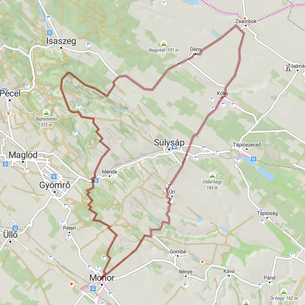 Map miniature of "Challenging Gravel Route to Szent György-hegy from Monor" cycling inspiration in Pest, Hungary. Generated by Tarmacs.app cycling route planner