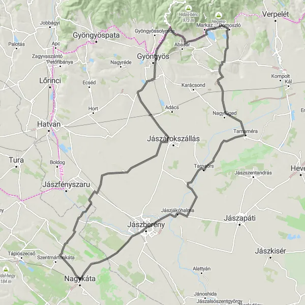 Map miniature of "The Nagykáta Loop" cycling inspiration in Pest, Hungary. Generated by Tarmacs.app cycling route planner