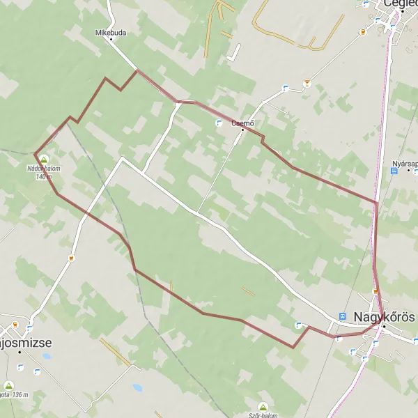 Map miniature of "Relaxing Gravel Route near Nagykőrös" cycling inspiration in Pest, Hungary. Generated by Tarmacs.app cycling route planner