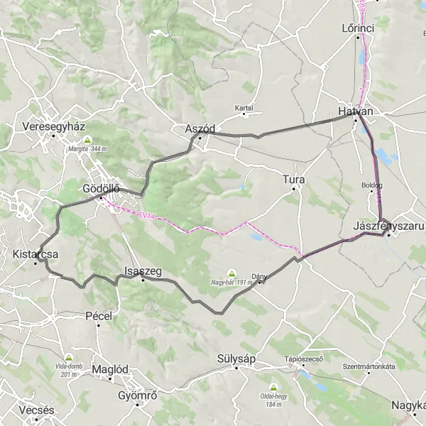 Map miniature of "Nagytarcsa - Kerepes - Faház-tető Loop" cycling inspiration in Pest, Hungary. Generated by Tarmacs.app cycling route planner
