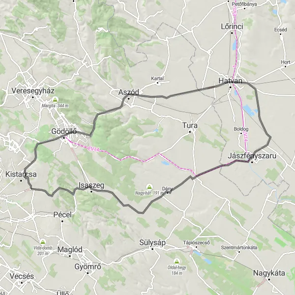 Map miniature of "Ultimate Challenge: Nagytarcsa Centenary Ride" cycling inspiration in Pest, Hungary. Generated by Tarmacs.app cycling route planner