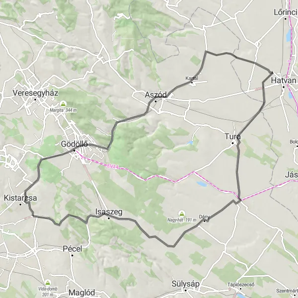 Map miniature of "Nagytarcsa - Kerepes - Szár-hegy Loop" cycling inspiration in Pest, Hungary. Generated by Tarmacs.app cycling route planner