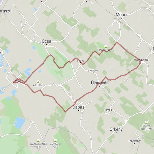 Map miniature of "Újhartyán to Csévharaszt Gravel Loop" cycling inspiration in Pest, Hungary. Generated by Tarmacs.app cycling route planner