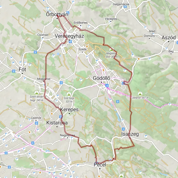 Map miniature of "Erdőkertes and Őrndűlő Loop" cycling inspiration in Pest, Hungary. Generated by Tarmacs.app cycling route planner