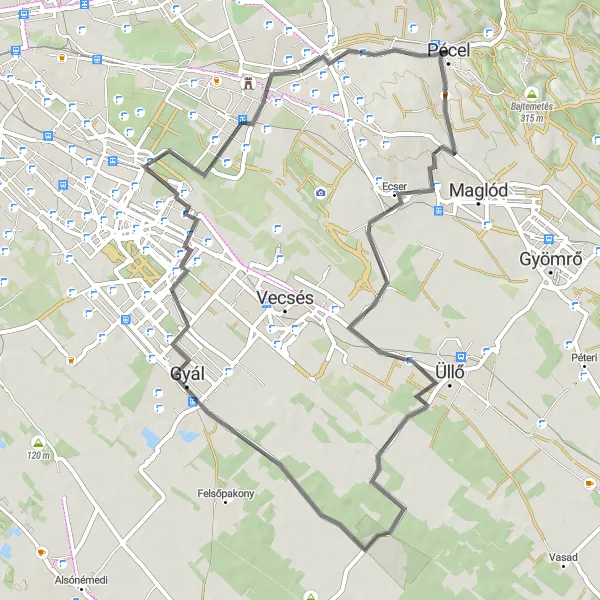 Map miniature of "Scenic Ride to Rákoscsaba-Újtelep" cycling inspiration in Pest, Hungary. Generated by Tarmacs.app cycling route planner