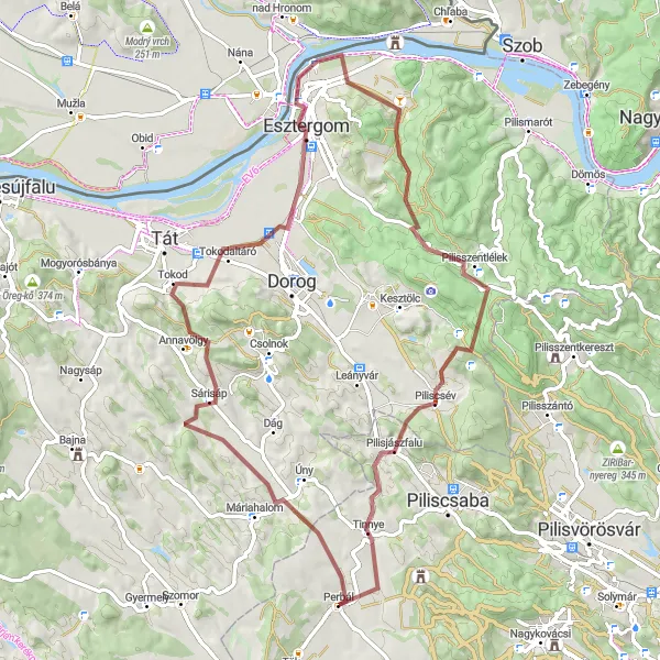 Map miniature of "Gravel Exploration to Esztergom" cycling inspiration in Pest, Hungary. Generated by Tarmacs.app cycling route planner