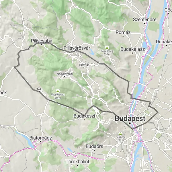 Map miniature of "Pilis Hill Road Loop" cycling inspiration in Pest, Hungary. Generated by Tarmacs.app cycling route planner