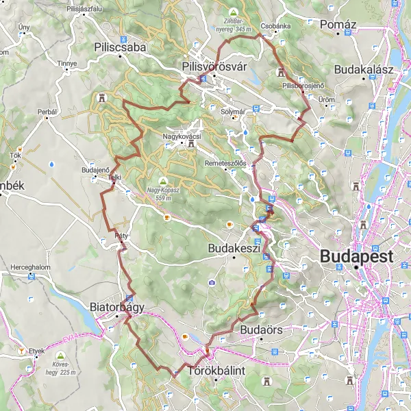Map miniature of "Pilisborosjenő - Csillebérc - Telki Hills Epic" cycling inspiration in Pest, Hungary. Generated by Tarmacs.app cycling route planner