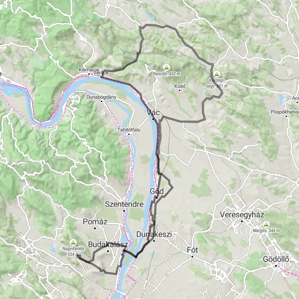 Map miniature of "Pilisborosjenő - Vác - Dunakeszi Loop" cycling inspiration in Pest, Hungary. Generated by Tarmacs.app cycling route planner