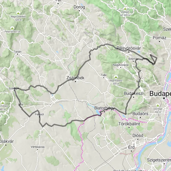 Map miniature of "Pilisborosjenő to Jegenye-völgyi vízesés" cycling inspiration in Pest, Hungary. Generated by Tarmacs.app cycling route planner
