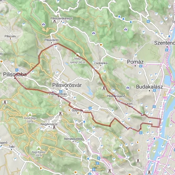 Map miniature of "Gravel Ride to Pilisszántó" cycling inspiration in Pest, Hungary. Generated by Tarmacs.app cycling route planner