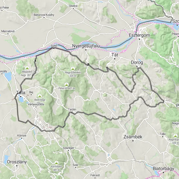 Map miniature of "Scenic Road Ride to Tinnye" cycling inspiration in Pest, Hungary. Generated by Tarmacs.app cycling route planner