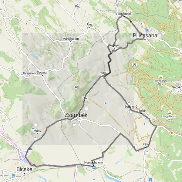 Map miniature of "Piliscsaba and Beyond" cycling inspiration in Pest, Hungary. Generated by Tarmacs.app cycling route planner