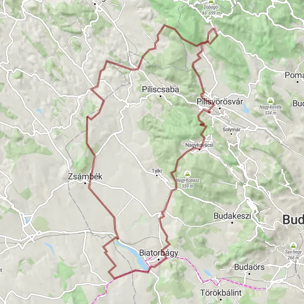 Map miniature of "Pilisszentkereszt - Biatorbágy - Nagy-Somlyó Loop (Gravel)" cycling inspiration in Pest, Hungary. Generated by Tarmacs.app cycling route planner