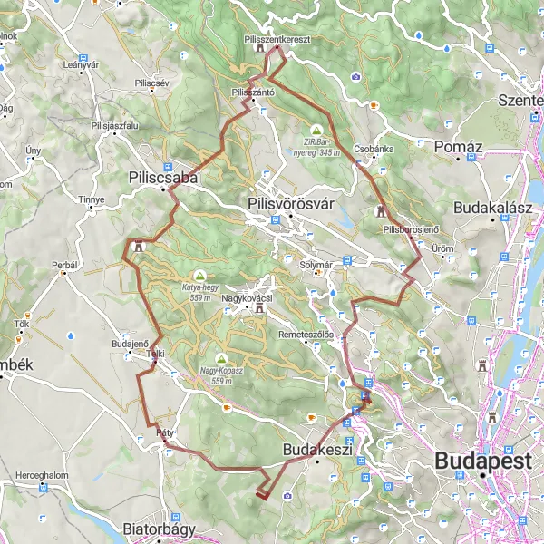 Map miniature of "Pilisszentkereszt - Elisabeth Lookout - Pilisszántó Loop (Gravel)" cycling inspiration in Pest, Hungary. Generated by Tarmacs.app cycling route planner