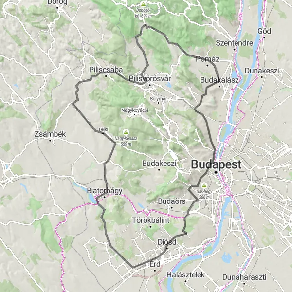 Map miniature of "The Majestic Ride" cycling inspiration in Pest, Hungary. Generated by Tarmacs.app cycling route planner