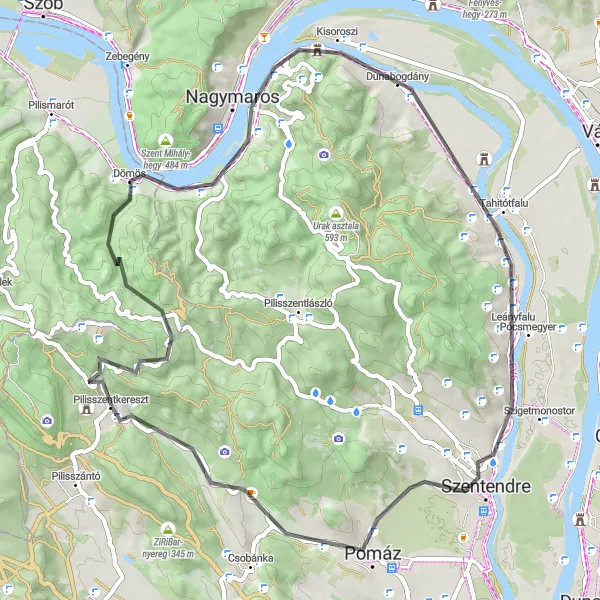 Map miniature of "Pilisszentkereszt - Visegrád - Szentendre Loop (Road)" cycling inspiration in Pest, Hungary. Generated by Tarmacs.app cycling route planner