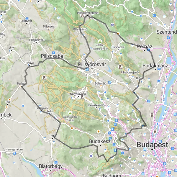 Map miniature of "Pilisszentkereszt - Highlights of the Pilis Mountains" cycling inspiration in Pest, Hungary. Generated by Tarmacs.app cycling route planner