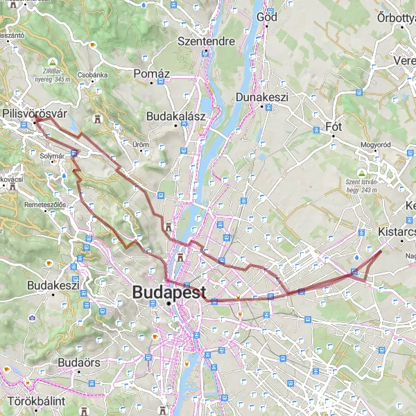 Map miniature of "Gravel Adventure in Pilisvörösvár and Beyond" cycling inspiration in Pest, Hungary. Generated by Tarmacs.app cycling route planner