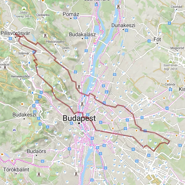 Map miniature of "Legendary Gravel Journey to Pilisvörösvár" cycling inspiration in Pest, Hungary. Generated by Tarmacs.app cycling route planner