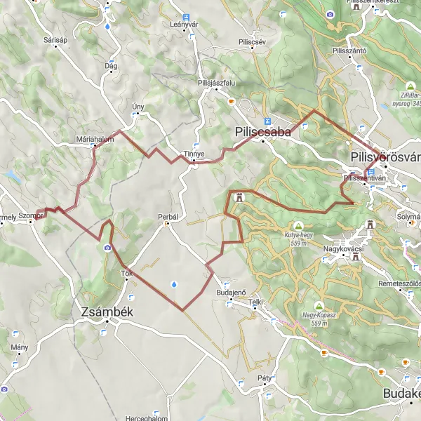 Map miniature of "Pilisvörösvár Gravel Adventure" cycling inspiration in Pest, Hungary. Generated by Tarmacs.app cycling route planner