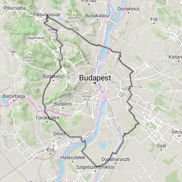Map miniature of "Scenic Road Tour to Budapest" cycling inspiration in Pest, Hungary. Generated by Tarmacs.app cycling route planner
