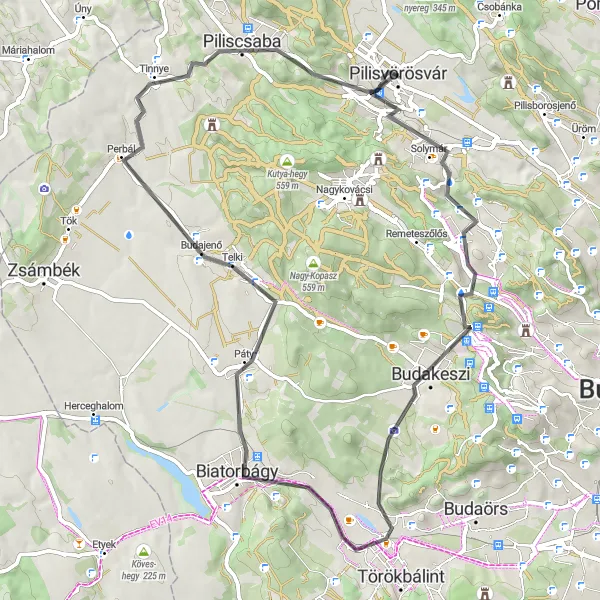 Map miniature of "Scenic Road Trip to Solymár" cycling inspiration in Pest, Hungary. Generated by Tarmacs.app cycling route planner