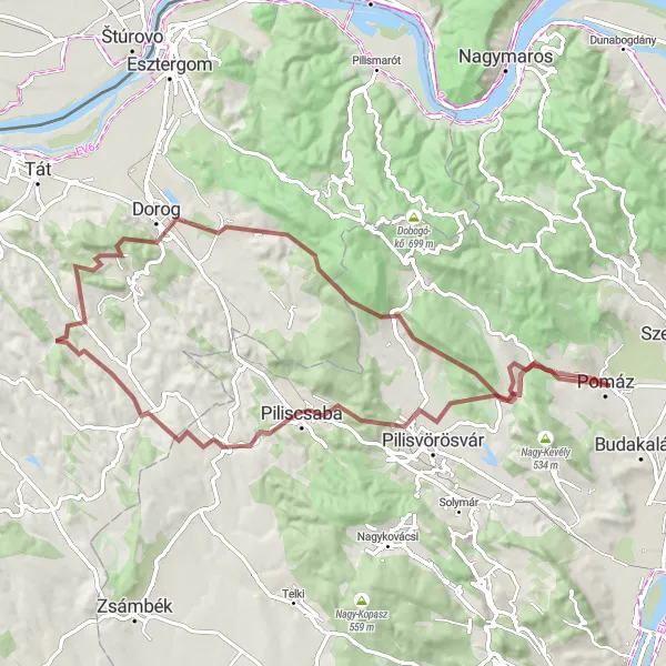 Map miniature of "Thrilling Gravel Adventure" cycling inspiration in Pest, Hungary. Generated by Tarmacs.app cycling route planner