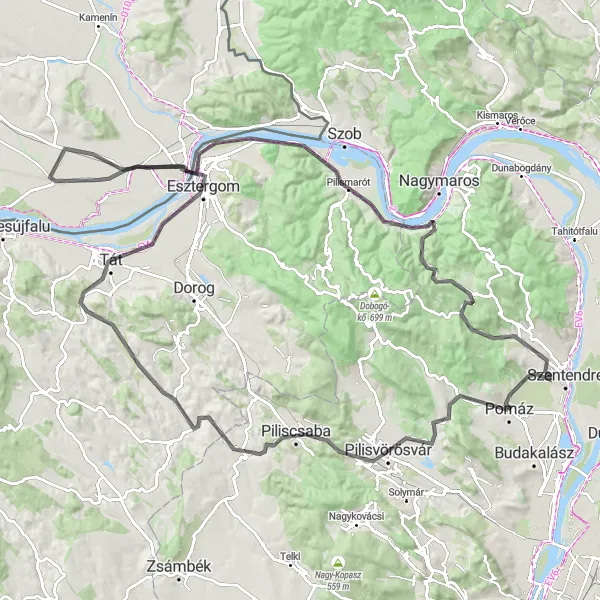 Map miniature of "Pomáz-Štúrovo Road Cycling Route" cycling inspiration in Pest, Hungary. Generated by Tarmacs.app cycling route planner