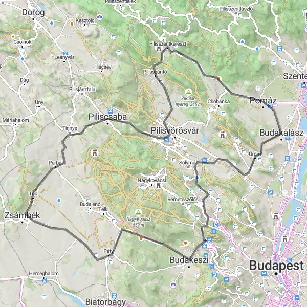 Map miniature of "Pomáz - Budakalász - Zsámbék Loop" cycling inspiration in Pest, Hungary. Generated by Tarmacs.app cycling route planner