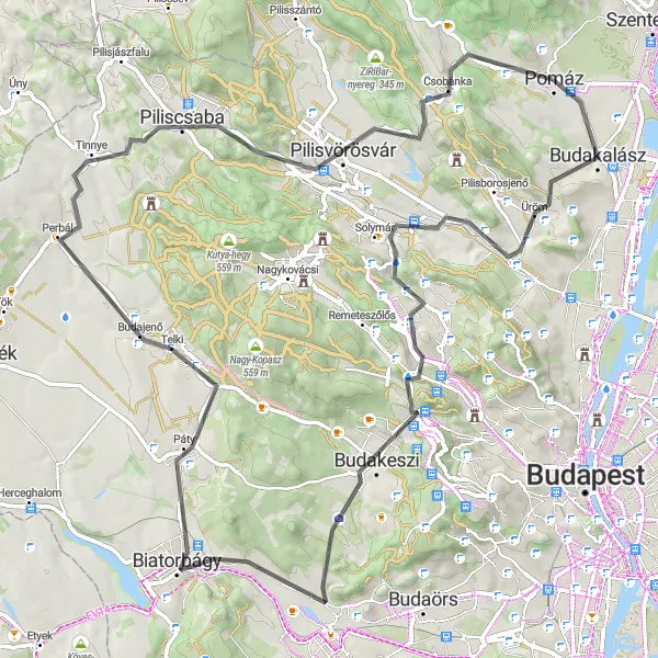 Map miniature of "Countryside Escape" cycling inspiration in Pest, Hungary. Generated by Tarmacs.app cycling route planner