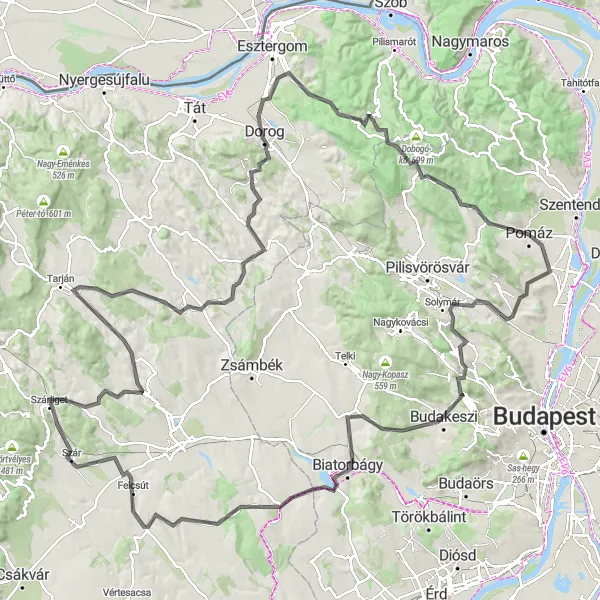 Map miniature of "Pomáz and the Surrounding Hills" cycling inspiration in Pest, Hungary. Generated by Tarmacs.app cycling route planner